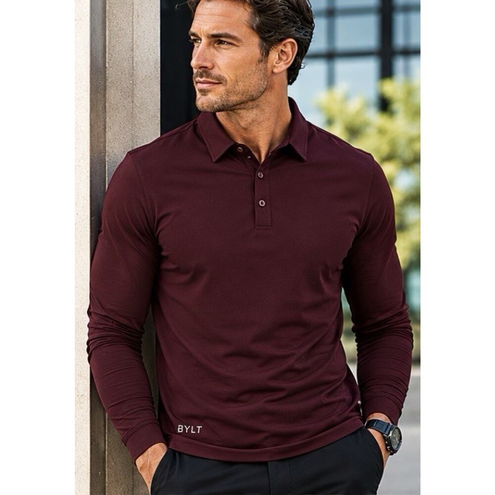 BYLT Premium Basics Lux Polo Mens Large Maroon Long Sleeve Drop Cut Golf NWT